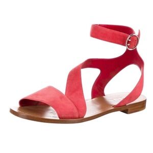 PRADA AUTH Red Suede Gladiator Ankle Strap Flat Sandals Women's Size 37  US 7